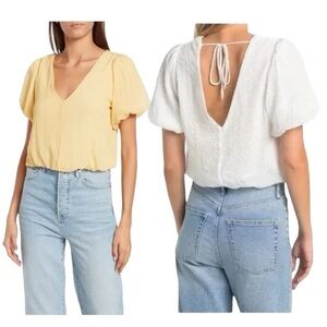 Revolve ASTR the Label yellow gauze bubble sleeve cropped tie back blouse
